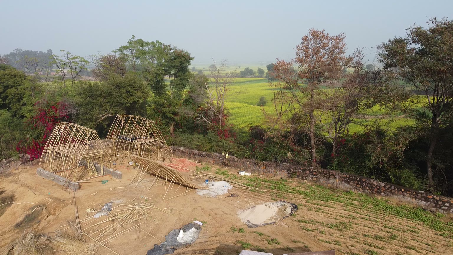 The farm from the air: two bamboo A-frames standing unclad on bare earth, bougainvillea in flower along the boundary, fields beyond