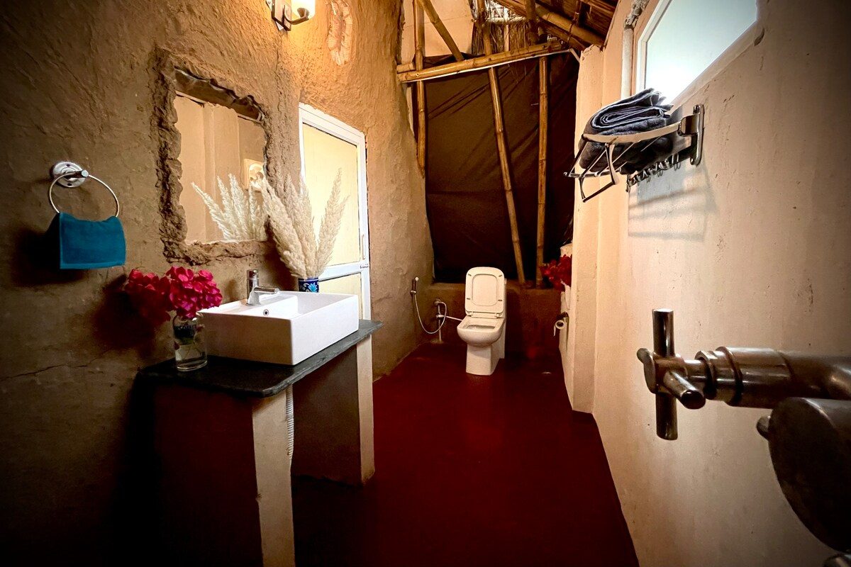 The washroom inside a mud house: a basin set into the mud wall, a mirror, a WC, dried grass in the corner